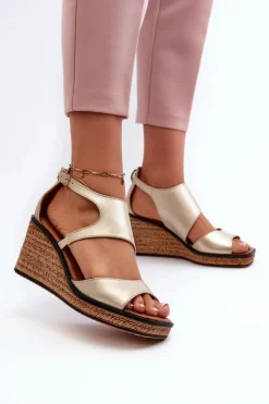 Sandały Damskie Skórzane Na Koturnie Maciejka 06657-25 Złote