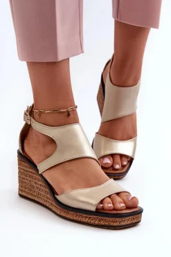 Sandały Damskie Skórzane Na Koturnie Maciejka 06657-25 Złote