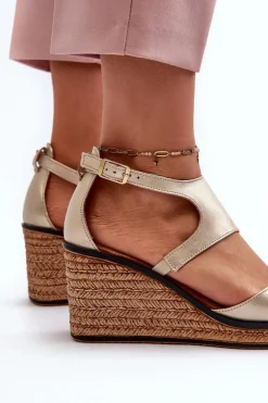 Sandały Damskie Skórzane Na Koturnie Maciejka 06657-25 Złote