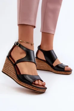 Sandały Damskie Skórzane Na Koturnie Maciejka 06657-01 Czarne