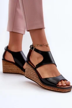 Sandały Damskie Skórzane Na Koturnie Maciejka 06657-01 Czarne