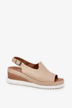 Sandały Damskie Skórzane Na Koturnie Artiker 56C0919 Beżowe