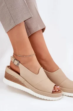 Sandały Damskie Skórzane Na Koturnie Artiker 56C0919 Beżowe