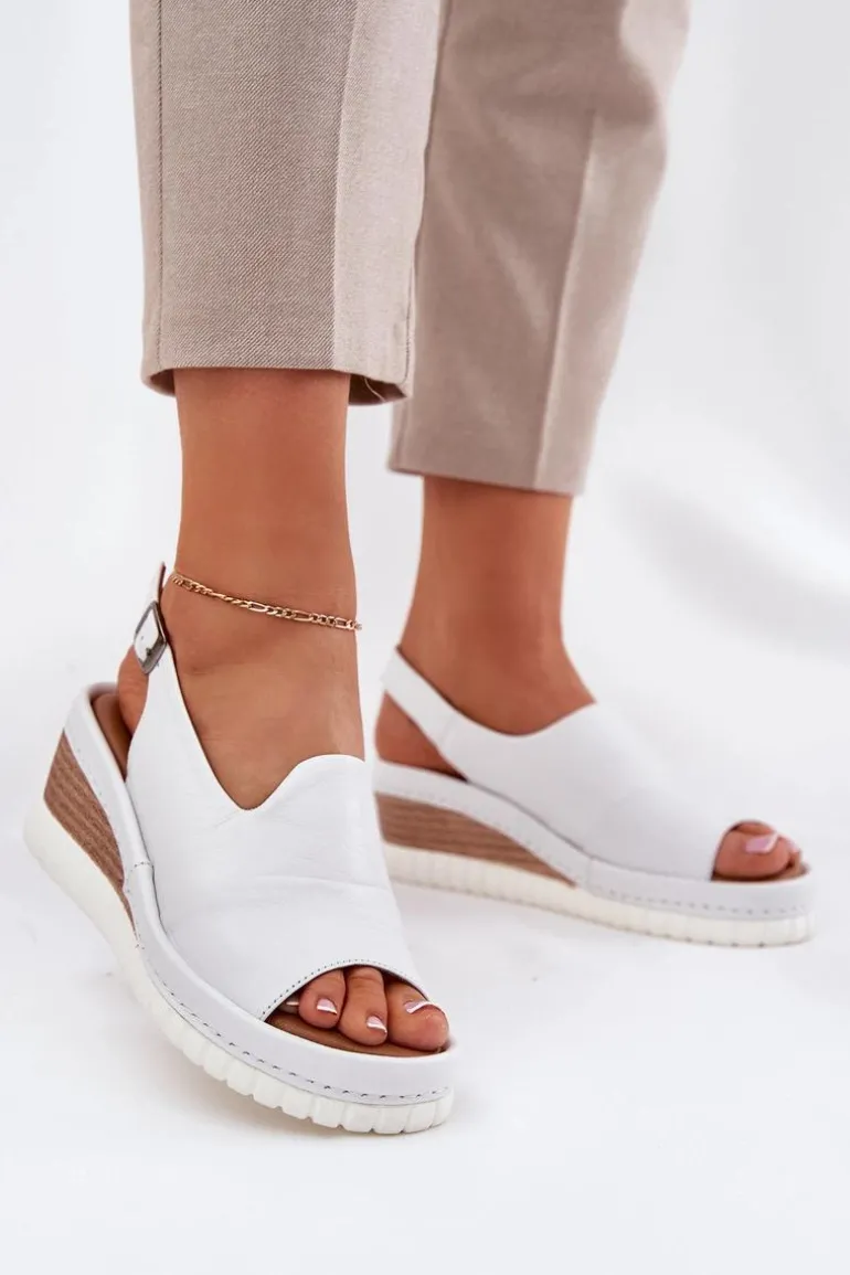 Sandały Damskie Skórzane Na Koturnie Artiker 56C0918 Białe