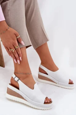 Sandały Damskie Skórzane Na Koturnie Artiker 56C0918 Białe