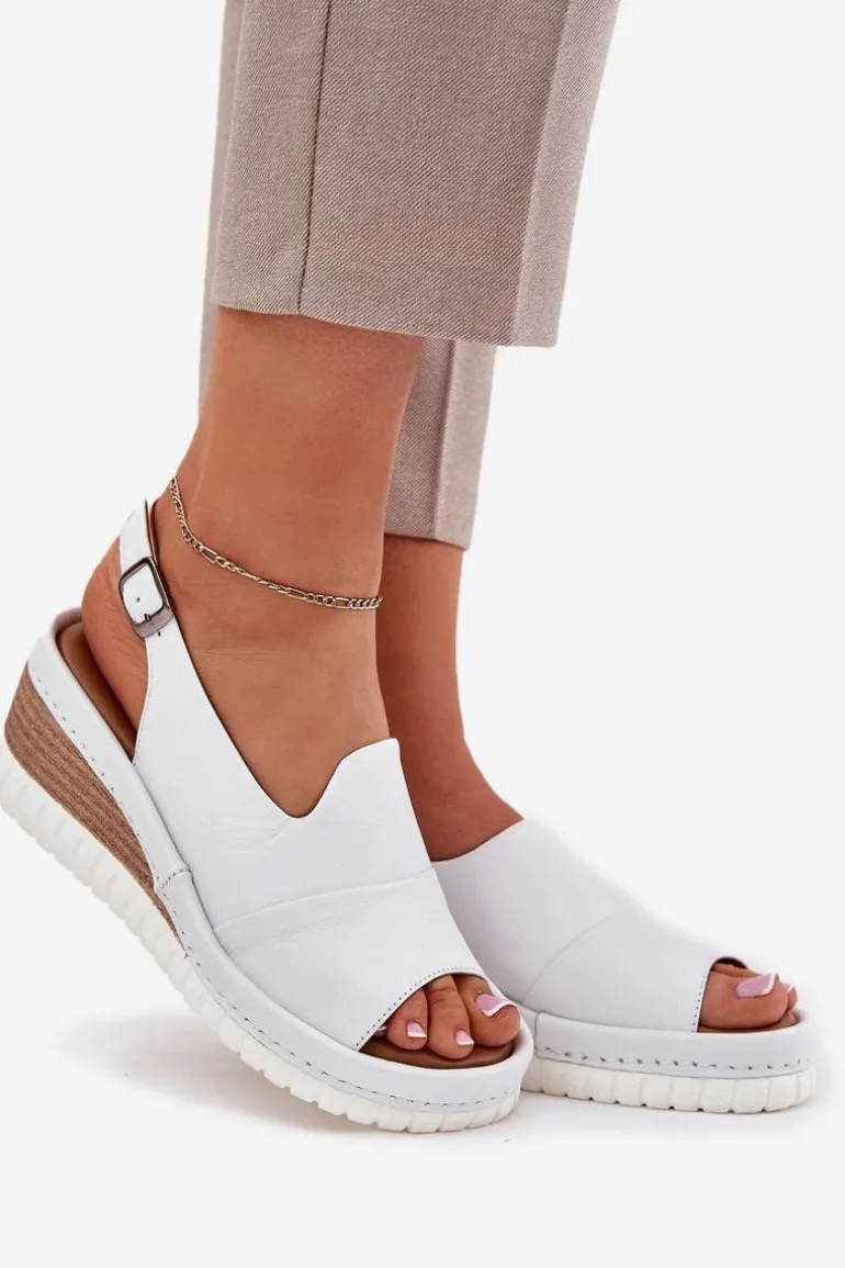 Sandały Damskie Skórzane Na Koturnie Artiker 56C0918 Białe