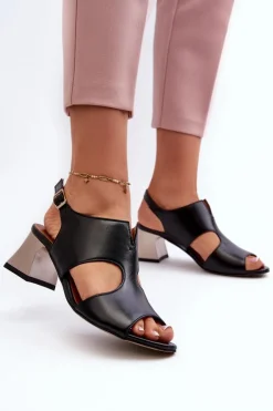 Sandały Damskie Skórzane Na Obcasie Maciejka 06566-01 Czarne