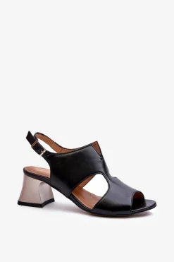 Sandały Damskie Skórzane Na Obcasie Maciejka 06566-01 Czarne