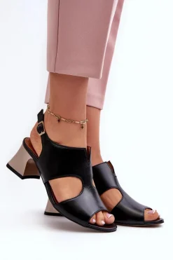 Sandały Damskie Skórzane Na Obcasie Maciejka 06566-01 Czarne
