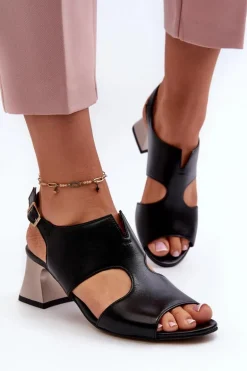Sandały Damskie Skórzane Na Obcasie Maciejka 06566-01 Czarne
