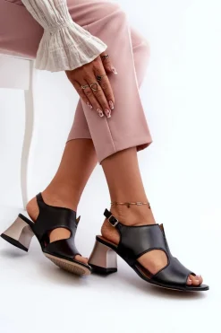 Sandały Damskie Skórzane Na Obcasie Maciejka 06566-01 Czarne