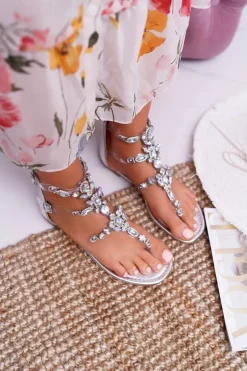 Sandały Damskie Srebrne z Kryształkami Ywena