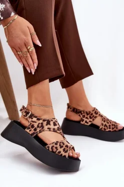 Sandały Damskie W Panterkę Na Platformie Eko Zamszowe Brązowe Karonia