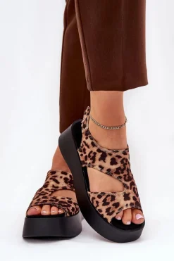 Sandały Damskie W Panterkę Na Platformie Eko Zamszowe Brązowe Karonia