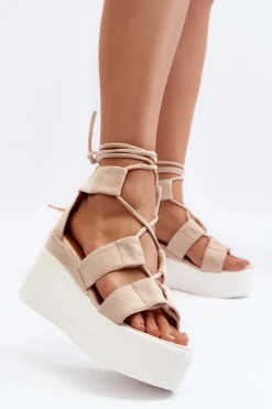 Sandały Damskie Wiązane Beżowe Helavi