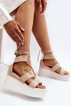 Sandały Damskie Wiązane Beżowe Helavi