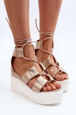 Sandały Damskie Wiązane Złote Helavi