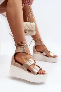 Sandały Damskie Wiązane Złote Helavi