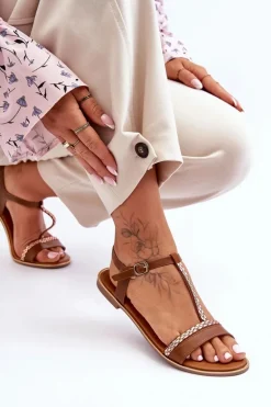 Sandały Damskie Z Cyrkoniami Brązowe Penna