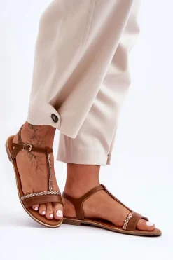 Sandały Damskie Z Cyrkoniami Brązowe Penna