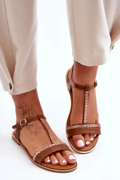 Sandały Damskie Z Cyrkoniami Brązowe Penna