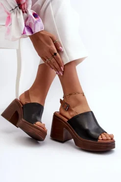 Sandały Damskie Z Eko Skóry Na Masywnym Obcasie I Platformie Czarne Meeyah