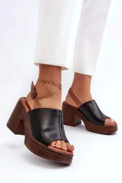 Sandały Damskie Z Eko Skóry Na Masywnym Obcasie I Platformie Czarne Meeyah