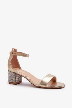 Sandały Damskie Z Eko Skóry Na Zdobionym Obcasie Złote Wiatalia