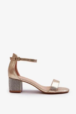 Sandały Damskie Z Eko Skóry Na Zdobionym Obcasie Złote Wiatalia