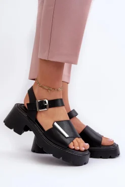Sandały Damskie Z Eko Skóry Na Obcasie I Platformie Vinceza 36257 Czarne