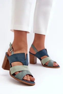 Sandały Damskie Z Eko Zamszu Na Obcasie Słupku Niebieskie Qutima