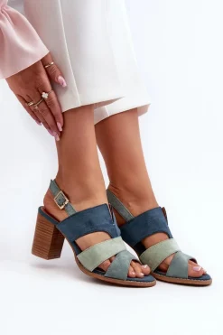 Sandały Damskie Z Eko Zamszu Na Obcasie Słupku Niebieskie Qutima