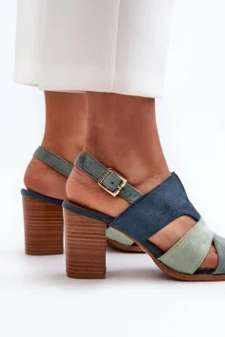 Sandały Damskie Z Eko Zamszu Na Obcasie Słupku Niebieskie Qutima