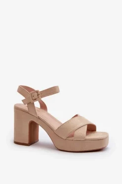 Sandały Damskie Z Eko Zamszu Na Słupku I Platformie Jasnobeżowe Sakane