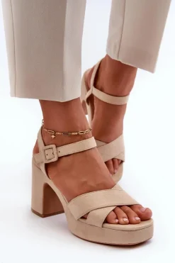 Sandały Damskie Z Eko Zamszu Na Słupku I Platformie Jasnobeżowe Sakane