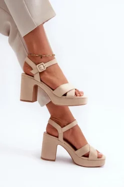 Sandały Damskie Z Eko Zamszu Na Słupku I Platformie Jasnobeżowe Sakane
