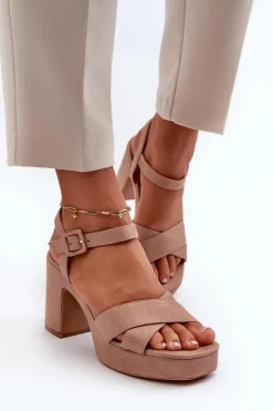 Sandały Damskie Z Eko Zamszu Na Słupku I Platformie Ciemnobeżowe Sakane