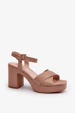 Sandały Damskie Z Eko Zamszu Na Słupku I Platformie Ciemnobeżowe Sakane
