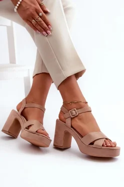 Sandały Damskie Z Eko Zamszu Na Słupku I Platformie Ciemnobeżowe Sakane