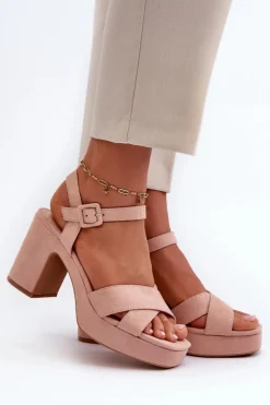 Sandały Damskie Z Eko Zamszu Na Słupku I Platformie Różowe Sakane