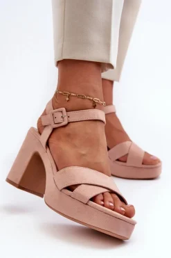 Sandały Damskie Z Eko Zamszu Na Słupku I Platformie Różowe Sakane
