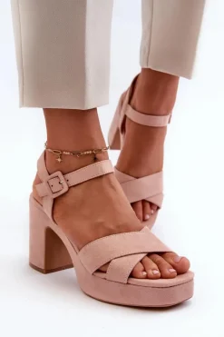 Sandały Damskie Z Eko Zamszu Na Słupku I Platformie Różowe Sakane