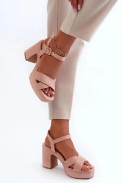 Sandały Damskie Z Eko Zamszu Na Słupku I Platformie Różowe Sakane