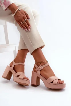 Sandały Damskie Z Eko Zamszu Na Słupku I Platformie Różowe Sakane