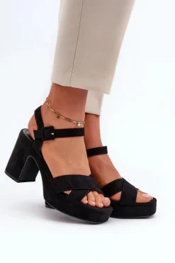 Sandały Damskie Z Eko Zamszu Na Słupku I Platformie Czarne Sakane