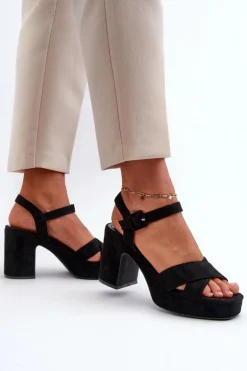 Sandały Damskie Z Eko Zamszu Na Słupku I Platformie Czarne Sakane