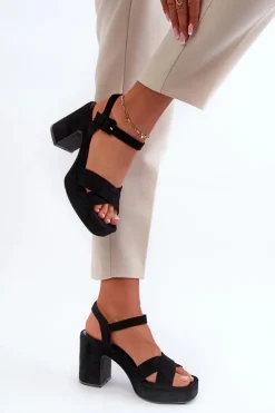 Sandały Damskie Z Eko Zamszu Na Słupku I Platformie Czarne Sakane