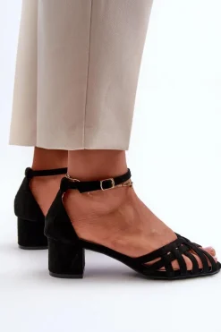 Sandały Damskie Z Eko Zamszu Na Niskim Obcasie Czarne Monsha