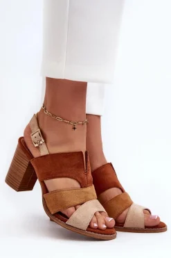 Sandały Damskie Z Eko Zamszu Na Obcasie Słupku Brązowe Qutima