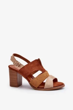 Sandały Damskie Z Eko Zamszu Na Obcasie Słupku Brązowe Qutima